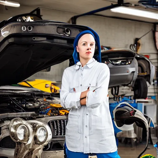 Prompt: the real life version of the girl with a pearl earring living her life as a mechanic in a small town, still from a local magazine, high quality photography,