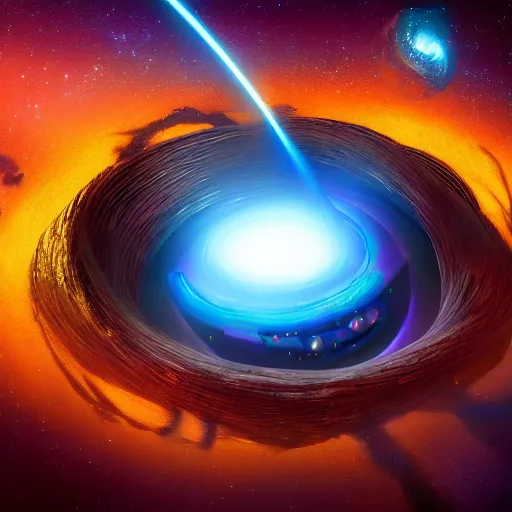 Image similar to glowing glorious 3D black hole in movie, intergalactic, space theme, galaxy colored, hyperdetailed, digital painting, trending on Artstation, cel-shading style, CG society, hyperdetailed, digital painting, hypermaximalist, golden ratio, volumetric, octane render, weta digital, micro details, 3d sculpture