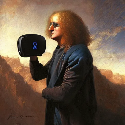 Image similar to portrait of isaac newton using a vr googles oculus rift, artwork by gaston bussiere, craig mullins, trending on artstation