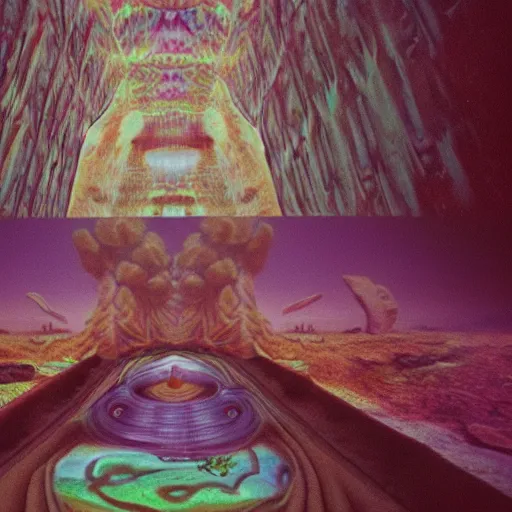 Prompt: analogue film photo of surreal dmt realm mindscape, realistic, found footage, highly detailed