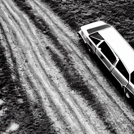 Prompt: a birds - eye view monochromatic sepia photograph of a delorean in a line of covered wagons and cattle,