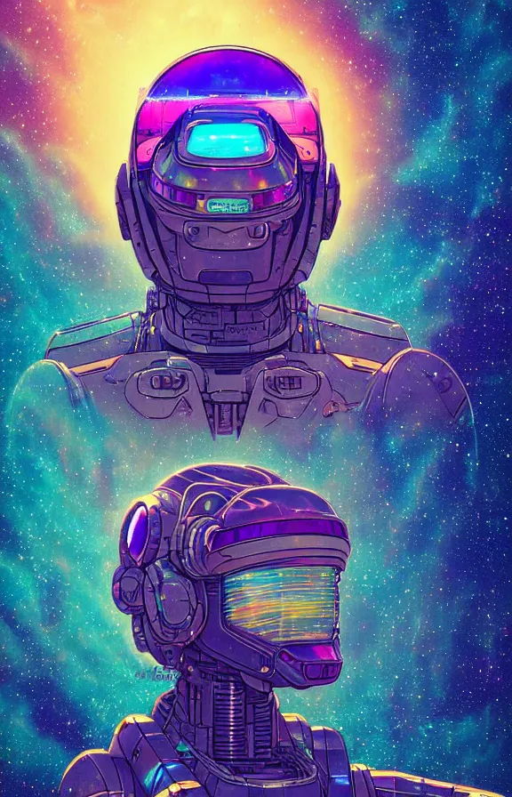 Image similar to a portrait of a mecha dragon in a iridescent intricate spacesuit, galactic landscape, space travel, lens flare, digital art, 4 k, golden synthwave color palette, vintage sci - fi, soft grainy, inspired moebius, inspired by tim white, in the style of studio ghibli