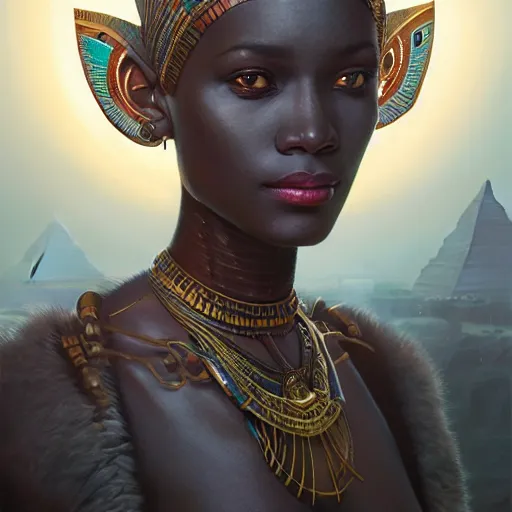 Image similar to highly detailed portrait of an african egyptian goddess, intricate alien technology, stephen bliss, unreal engine, fantasy art by greg rutkowski, loish, rhads, ferdinand knab, makoto shinkai and lois van baarle, ilya kuvshinov, rossdraws, tom bagshaw, global illumination, radiant light, detailed and intricate environment