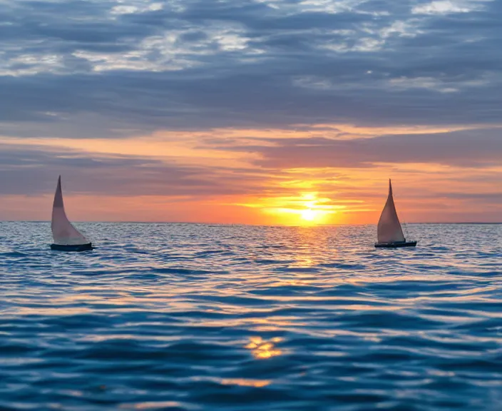 Prompt: 4 k hd, high detail photograph of a sail boat in the sea at sunrise, shot with sigma f / 4. 2, 2 5 0 mm sharp lens, wide shot, isometric view, volumetric lighting, reflection, high level texture render