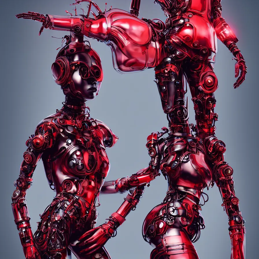 Prompt: fashion portrait, vogue, super hero pose, red biomechanical wear, inflateble shapes, wearing epic bionic cyborg implants, masterpiece, intricate, biopunk futuristic wardrobe, highly detailed, art by akira, mike mignola, artstation, concept art, background galaxy, cyberpunk, octane render