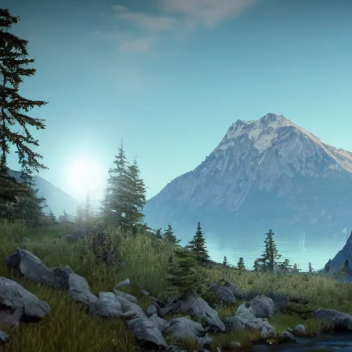 Image similar to « mountain in the background, a river in the middle ground, trees, a bear near a tree, glowing light, photorealistic, unreal engine 5, sharp focus, some rocks in the river, some birds in the sky, far »