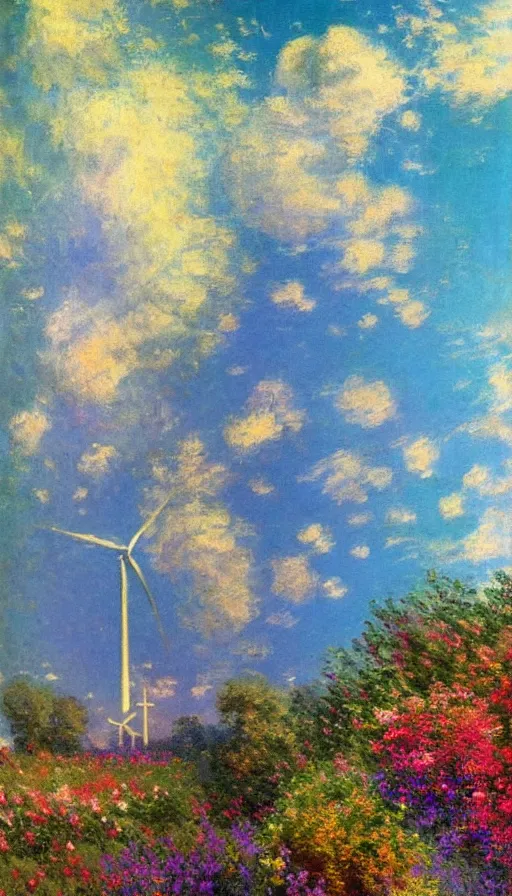 Prompt: beautiful wind turbines with clouds shooting out of them, painted by monet, art by thomas kinkade, vibrant