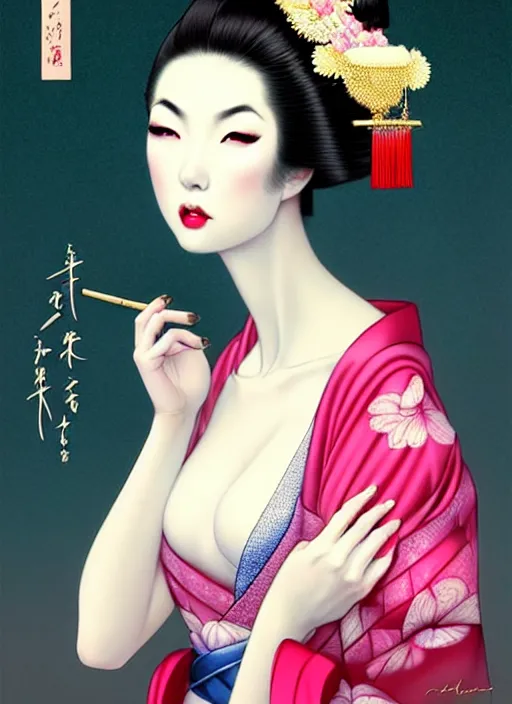 Prompt: glamorous and sexy Geisha, beautiful pale makeup, pearlescent skin, seductive eyes and face, elegant japanese woman, lacivious pose, very detailed face, seductive, sexy push up bras, pale and coloured kimono, ancient japanese temple on the background, photorealism, a portrait by artgerm, rossdraws, Norman Rockwell, magali villeneuve, Gil Elvgren, Alberto Vargas, Earl Moran, Enoch Bolles