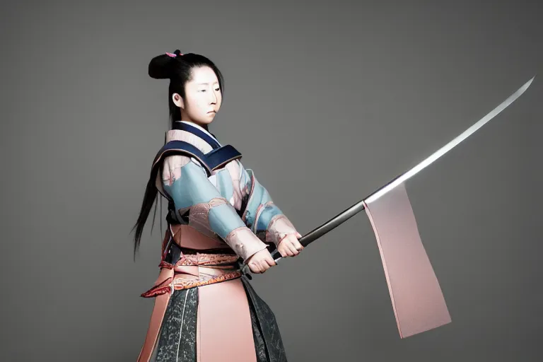 Image similar to beautiful photo of a young female samurai, practising sword stances, symmetrical face, beautiful eyes, huge oversized anime style sword, highly detailed, 8 k, award winning photo, muted pastels, action photography, 1 / 1 2 5 shutter speed, dramatic lighting