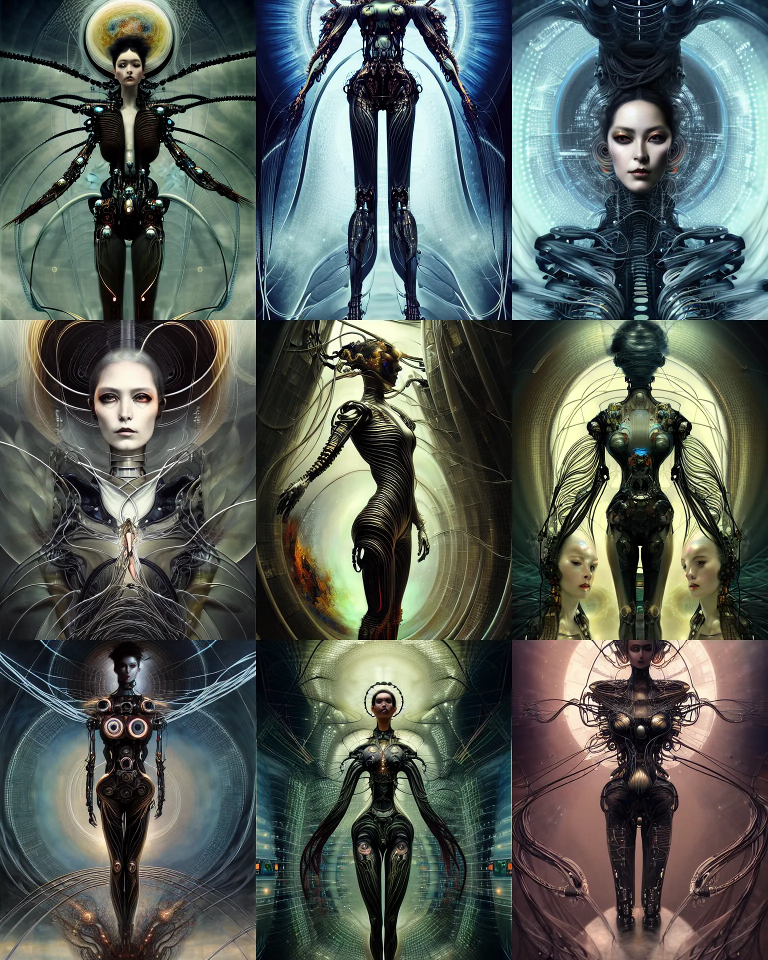 Prompt: karol bak and tom bagshaw and ayami kojima symmetrical full body character portrait of the borg queen of sentient parasitic flowing ai, floating in a powerful zen state, supermodel, beautiful and ominous, wearing combination of mecha and bodysuit made of wires and fractal ceramic, machinery enveloping nature in the background, artstation scifi character digital concept render