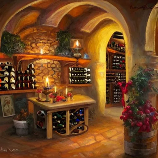 Image similar to wine cellar full of food, torches on the wall, romantic, inviting, cozy, harambe gorilla, painting Vladimir Volegov