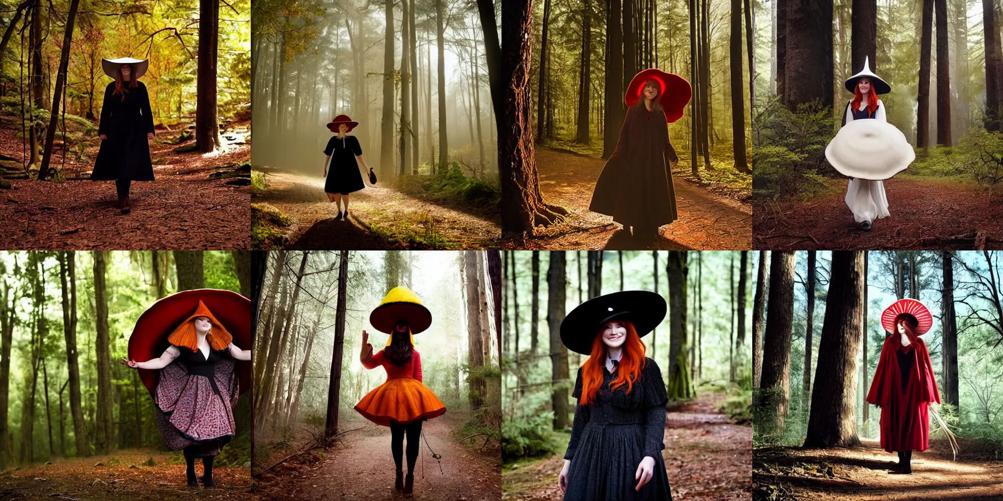 Prompt: bryce dallas as a cute witch walking in the woods while wearing a large mushroom hat, in the style of Keith Parkinson, ambient lighting, morning