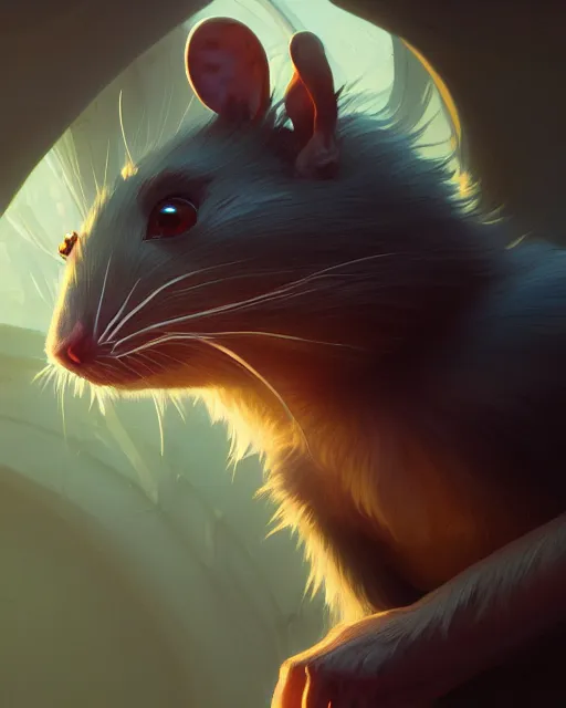 Image similar to highly detailed vfx portrait of a rat looking at you, unreal engine, greg rutkowski, loish, rhads, beeple, makoto shinkai and lois van baarle, ilya kuvshinov, rossdraws, tom bagshaw, alphonse mucha, global illumination, detailed and intricate environment