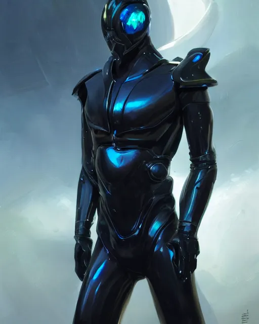 Image similar to iridescent sinewy smooth muscular male sleek glossy black pearlescent futuristic armor with smooth black featureless helmet, by greg rutkowski, mark brookes, jim burns, tom bagshaw, magali villeneuve, trending on artstation