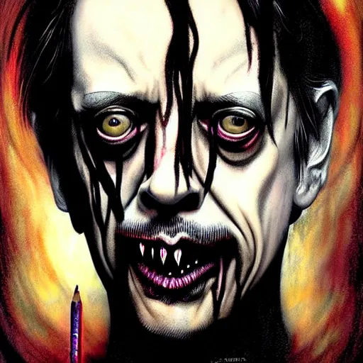 Image similar to disturbing grunge still of a lovecraftian demon infested steve buscemi, crayon horror art in dark and muted colors, by arthur adams, by tom bagshaw, by henry asencio, by kikuchi hideyuki