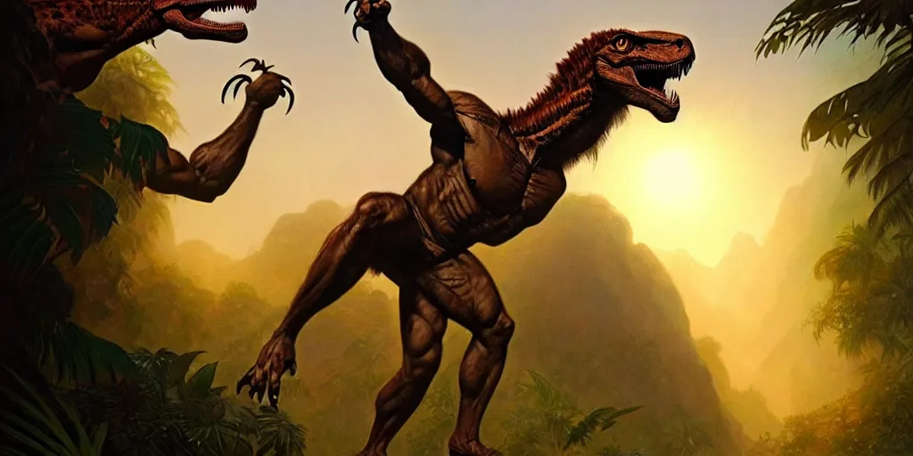 Image similar to a muscular caveman, heroic pose, with a velociraptor, in the jungle, sunset, volumetric light,, eerie, highly detailed, digital painting, artstation, concept art, matte, sharp focus, illustration, art by artgerm and greg rutkowski and alphonse mucha