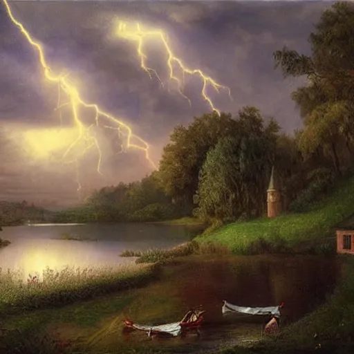 Image similar to portrait of a town by a lake, countryside, victorian, fantasy, cinematic lightning, realistic, highly detailed, painting by henry h parker