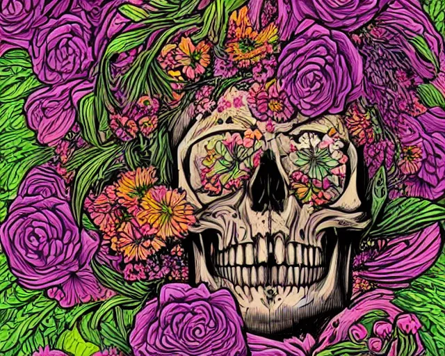 Prompt: An illustration of a skull with flowers inside it, lush, rich, digital art, illustrated by Dan Mumford