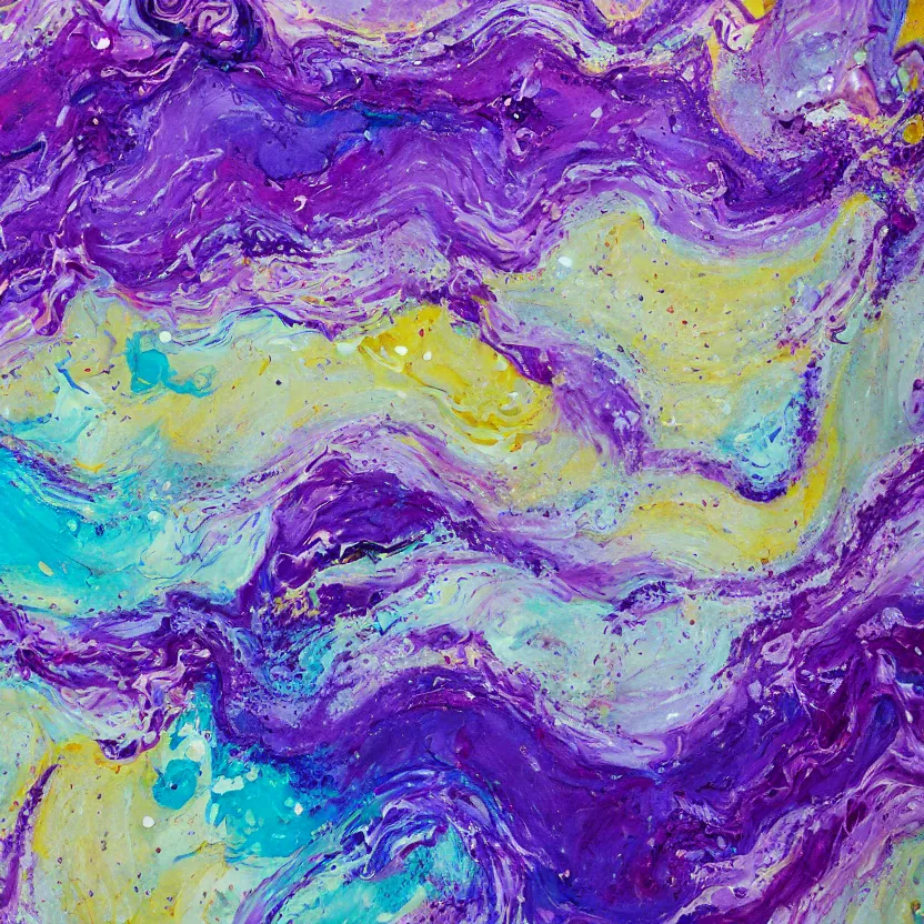 Image similar to abstract multiple layers of purple and blue shades paint dripping and running in multiple circular patterns, oil on canvas, detailed