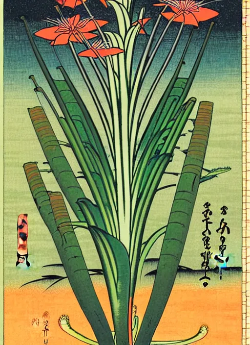 Prompt: fantasy scientific botanical trading card illustration of a colorful carnivore plant in the desert ,Ukiyo-e, isometric view, diego rivera