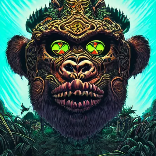 Prompt: barong family member, wiwek, mara demon, one single tribe member, jungle, one single mask, dark, ancient warrior, gorilla, lizard, tribal, inner glow, art by dan mumford and justin gerard