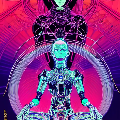 Image similar to a portrait of a beautiful cybernetic woman meditating in lotus pose, wires, cyberpunk concept art by josan gonzales and philippe druillet and dan mumford and enki bilal and jean claude meziere