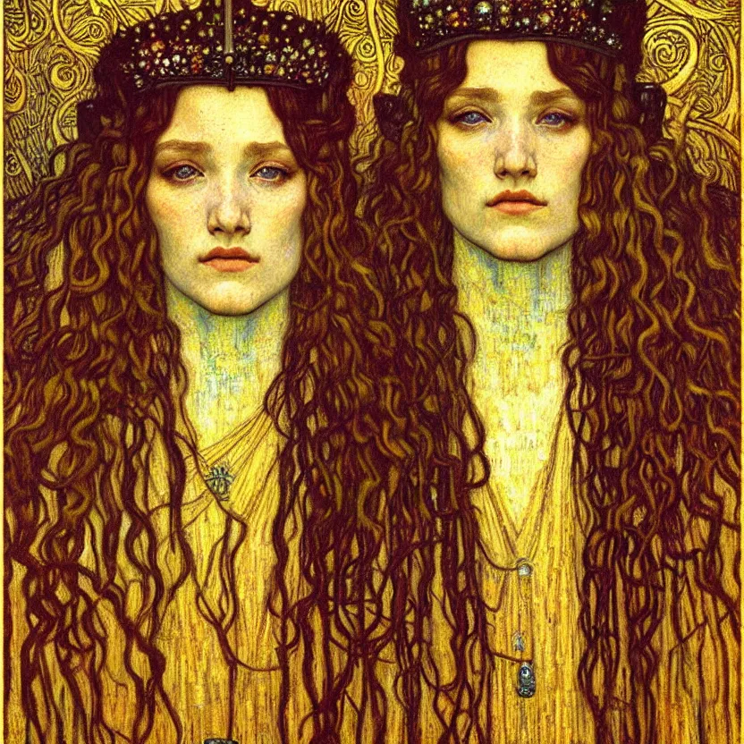 Image similar to detailed realistic beautiful young medieval queen face portrait by jean delville, gustav klimt and vincent van gogh, art nouveau, symbolist, visionary, gothic, pre - raphaelite, muted earthy colors, desaturated