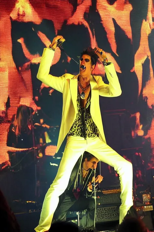 Image similar to perry farrell singing live on stag with jane's addiction, wearing a yellow fedora hat, white flared trousers and long tailcoat with large collars, 7 0's pimp style, huge angel wings behind him, photographic quality, live concert photo, photorealistic, stage lighting, lasers, neon glow, dry ice, dave navarro on guitar