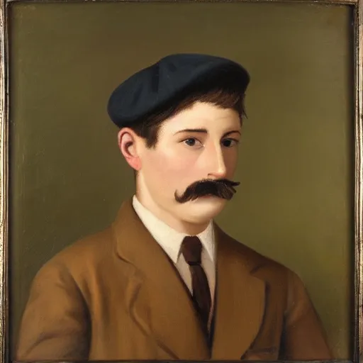 Image similar to portrait of a british young man in a flat cap, a small mustache, and a nice brown suit, oil painting