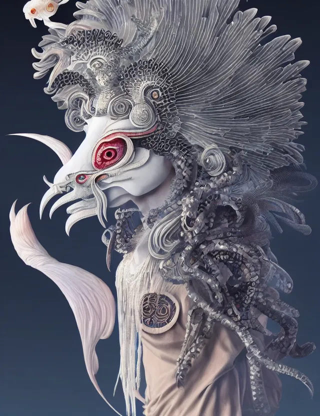 Image similar to 3 d goddess close - up profile portrait ram skull. beautiful intricately detailed japanese crow kitsune mask and clasical japanese kimono. betta fish, jellyfish phoenix, bio luminescent, plasma, ice, water, wind, creature, artwork by tooth wu and wlop and beeple and greg rutkowski