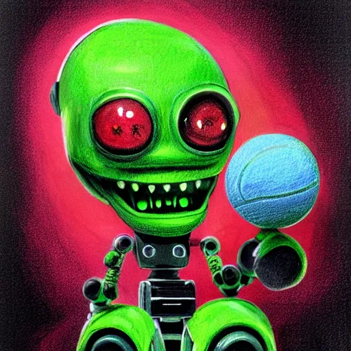 Image similar to a Seth Green, robot chicken tennis ball monster, tennis ball, chalk, digital art, fantasy, magic, trending on artstation, ultra detailed, professional illustration by Basil Gogos