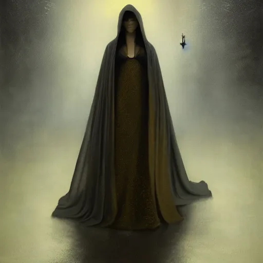 Image similar to a portrait of a young woman wearing a long dark cloak, hood and shadows covering face, holding golden chains, oil painting, matte painting, black background, Volumetric Golden dappled dynamic lighting, Highly Detailed, Cinematic Lighting, Unreal Engine, 8k, HD, by Beksinski