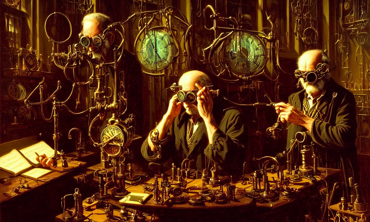 Image similar to The watchmaker by Albert Bierstadt and Gerald Brom and Dan Mumford, Metallic objects, old man, goggles, low light