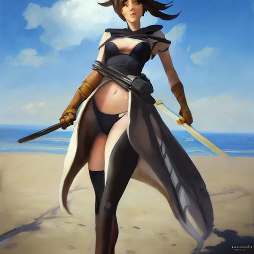 Prompt: greg manchess painting of tracer from overwatch as 2 b nier automata on the beach holding a sword, organic painting, sunny day, matte painting, bold shapes, detailed, detailed, face trending on artstation, artstationhd, artstationhq, hard edges, by huang guangjian and gil elvgren and sachin teng