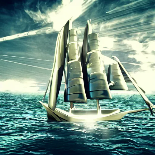 Image similar to marvel comic style, futuristic sail ship with solar panel sails mid-journey, robot sailors, HDR, 8k, digital art