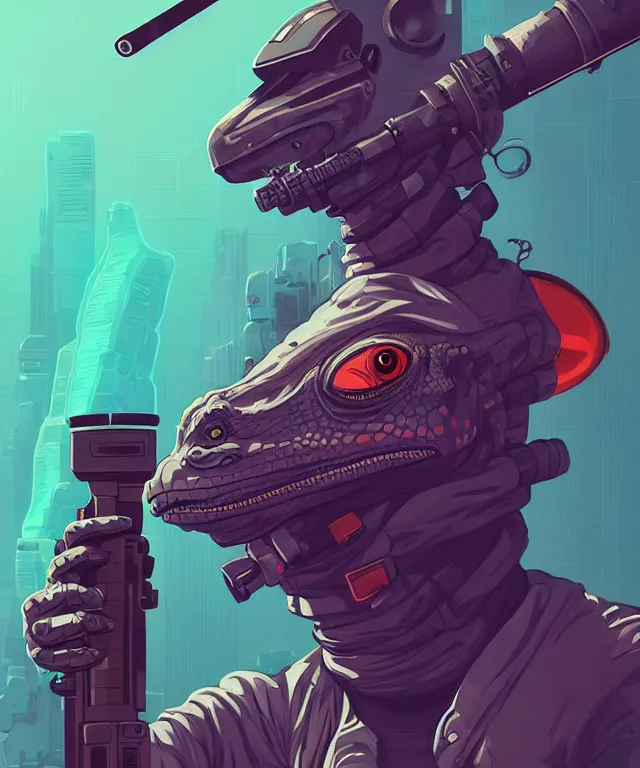 Image similar to a portrait of an anthropomorphic iguana holding a bazooka, cyberpunk!, fantasy, elegant, digital painting, artstation, concept art, matte, sharp focus, illustration, art by josan gonzalez