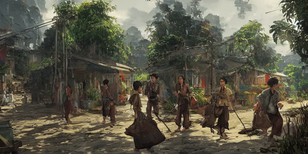 Image similar to vietnamese village scene, side scroller, 2 d game art background, sharp, detailed, intricate, game level design, cinematic lighting, ultrarealistic, photorealistic, trending on artstation, in the style of yoji shinkawa and greg rutkowski and federico pelat and wlop and karol bak and bouguereau and santiago caruso