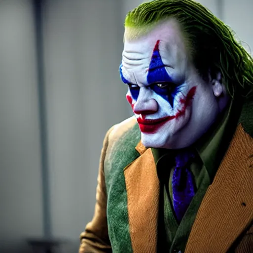 Image similar to stunning awe inspiring chris farley as the joker movie still 8 k hdr atmospheric lighting