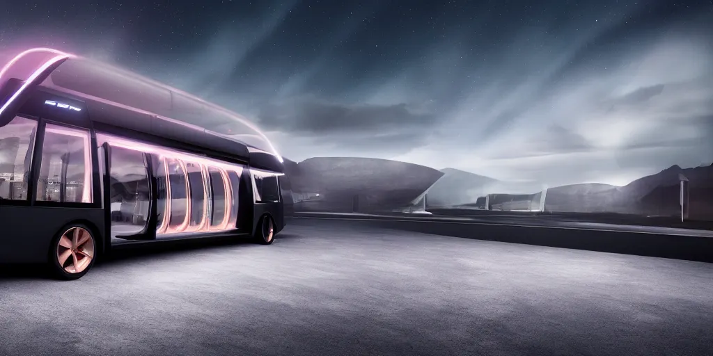Prompt: a design of a futuristic bus, designed by Polestar and DMC, northern lights background, brushed rose gold car paint, black windows, dark show room, dramatic lighting, hyper realistic render, depth of field
