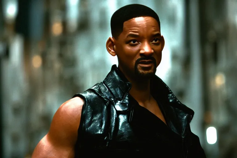 Image similar to cinematic still of will smith in Blade (2001), XF IQ4, f/1.4, ISO 200, 1/160s, 8K, RAW, dramatic lighting, symmetrical balance, in-frame