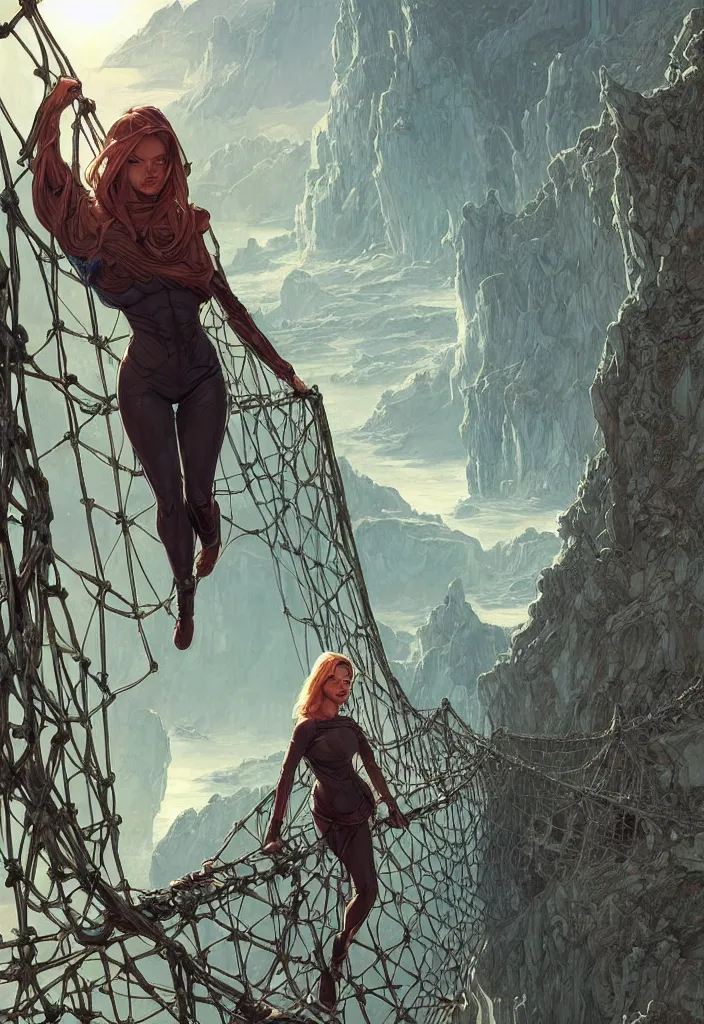Image similar to comic book cover of android on a old rope bridge looking up at crystal temple, highly detailed, professional digital painting, Unreal Engine 5, illustration, HD quality, 8k resolution, cinema 4d, 3D, cinematic, professional photography, art by artgerm and greg rutkowski and alphonse mucha and loish and WLOP
