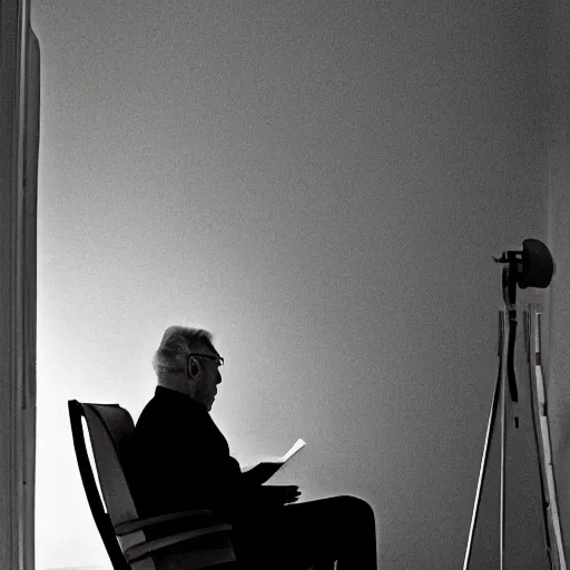 Image similar to old fatman sitting on chair reads book, light stubble, cinematic, dramatic