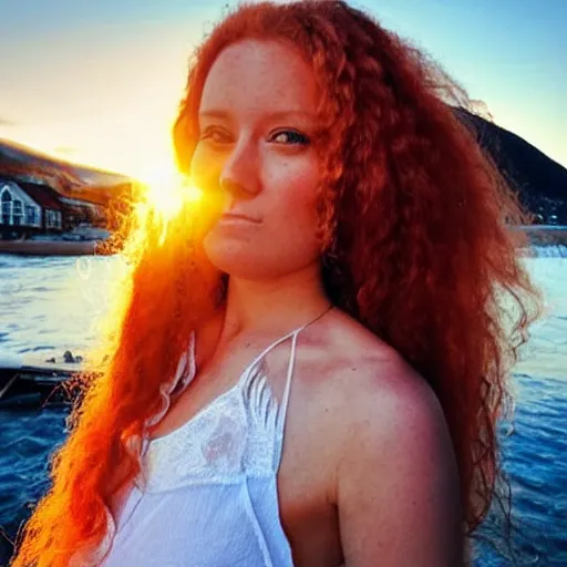 Image similar to full body photo of beautiful Norwegian women with long ginger hair with sunset behind her, Instagram photo