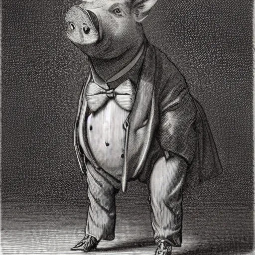 Image similar to detailed portrait of a pig in a tuxedo, illustration by Paul Gustave Doré