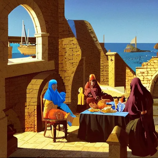 Image similar to ' a medieval turkish nobleman takes breakfast at his coastal manor with his family '. matte painting by angus mcbride, digital matte painting with high fidelity realistic textures and figures.