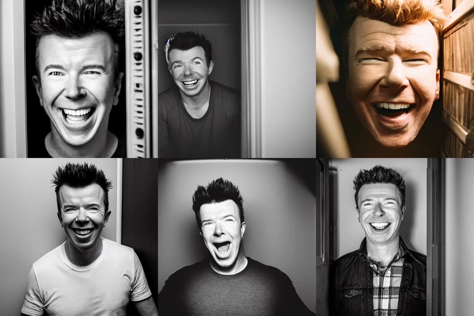 Prompt: a still from a horror film of a creepy Rick Astley smiling inside a closet in a dark room, highly detailed face, medium long shot, 8k