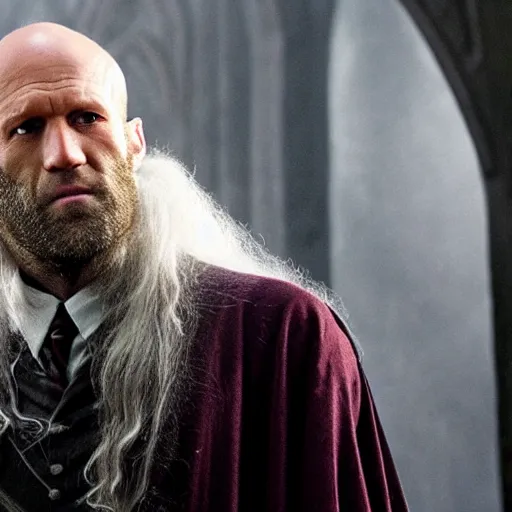 Prompt: dumbledore played by jason statham