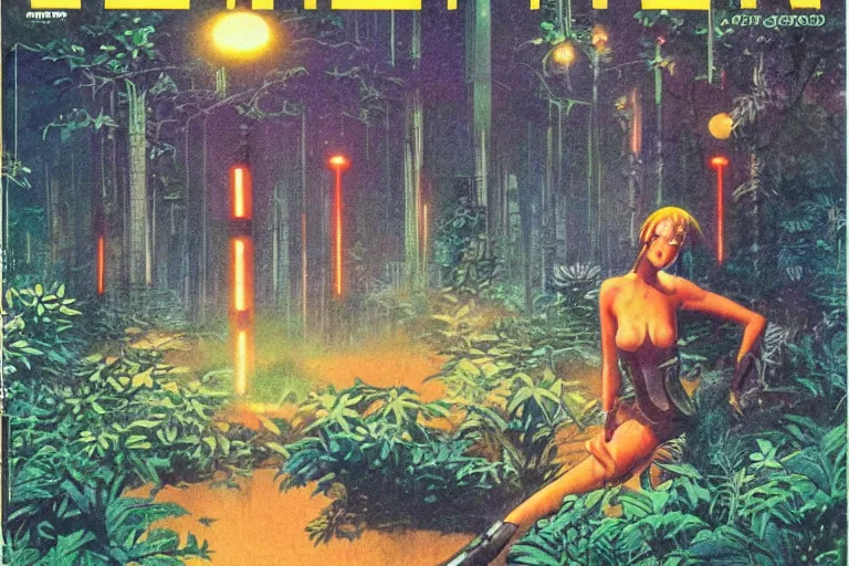 Image similar to 1979 OMNI Magazine Cover of a nature Druid elf At a Garden park in Neo-Tokyo in cyberpunk style by Vincent Di Fate