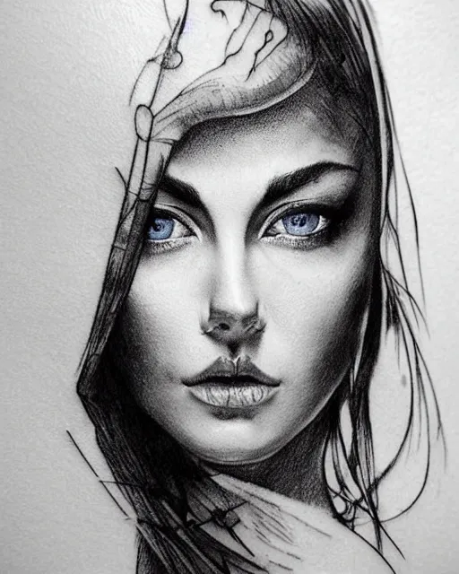 Image similar to tattoo design sketch of a beautiful blue - eyed woman face with a faded background of beautiful mountains and nature on her side, hyper - realistic, in the style of den yakovlev, amazing detail, black and white