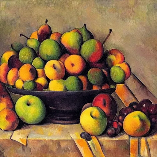 Prompt: a still - life bowl of fruit where every piece if made of a human that looks like a fruit in the style of paul cezanne
